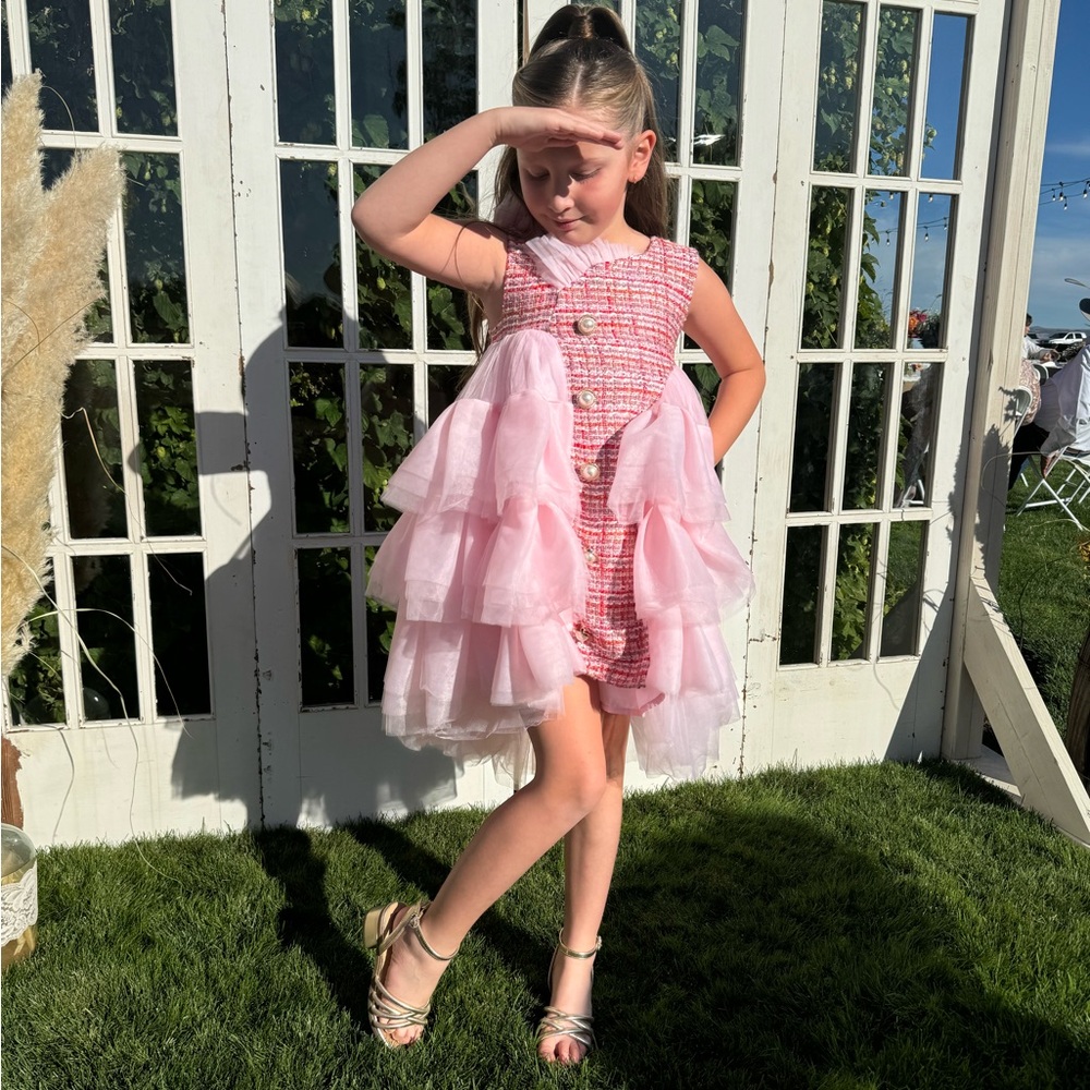 Petite Maison Kids pink tweed dress with tulle size 8